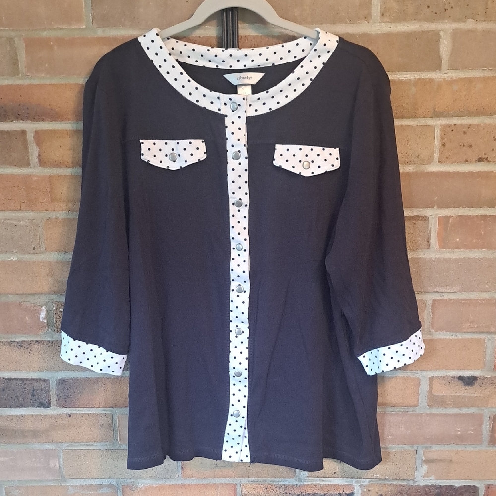 Chico's Navy Blouse with White Polka Dot Trim